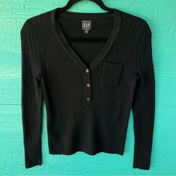 Y2K GAP MERINO WOOL HENLEY RIBBED SWEATER BLACK SIZE MEDIUM - Picture 2 of 7